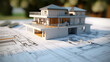 canvas print picture - 3d small house model on architecture floorplan created with Generative AI