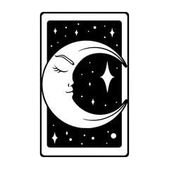 Wall Mural - Tarot aesthetic card with crescent moon. Bohemian tarot design for oracle card covers. Vector illustration isolated in white background