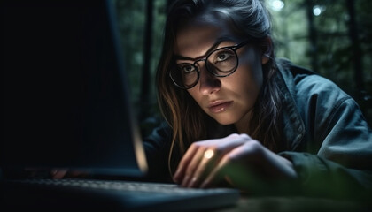 Canvas Print - One young woman sitting indoors, looking at laptop generated by AI