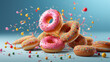 Pink sprinkled donuts on a pastel blue background - Generative Ai
