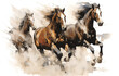 This is a fine art oil painting of horses running in a field. Animal painting collection for decoration, wallpaper, and interior.