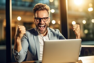 successful entrepreneur celebrating with fist pump in front of laptop. generative ai