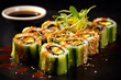 maki roll with cucumber served with sauce and sesame seeds