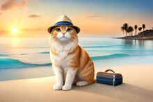 A Graceful Cat With Summer Vacation, Travel Holiday, And Beach Accessories Against A Beautiful Sea Background