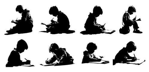 boy sitting writing or drawing silhouette set