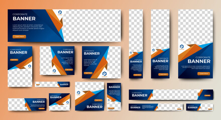 Fototapete - Professional business web ad banner template with photo place. Modern layout white background and Vivid red shape and text design