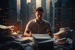© Sergio - Career, overtime, exhaustion, workaholic concept. Office worker at workplace, young caucasian man in shirt working at table littered with pile of papers and documents at night