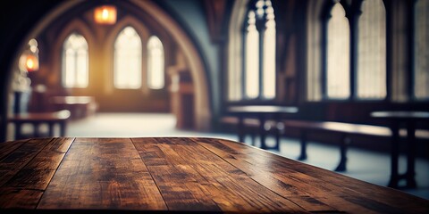 empty wooden table blurred church background
