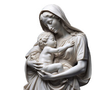 St. Madonna Cradling The Child Jesus In Her Arms, Marble Statue, Png. Ai Generate.	