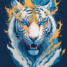 Fantasy Watercolor Painting Of A White Tiger With Swirling Fire Against A Blue Backdrop.generative AI