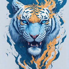  Fantasy watercolor painting of a white tiger with swirling fire against a blue backdrop.generative AI