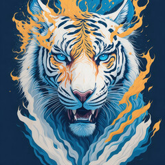  Fantasy watercolor painting of a white tiger with swirling fire against a blue backdrop.generative AI