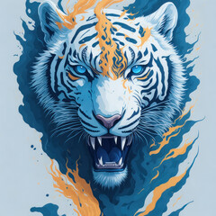 Naklejka na meble Fantasy watercolor painting of a white tiger with swirling fire against a blue backdrop.generative AI