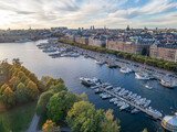 Fototapeta  - Sweden Stockholm Aerial view of Strandvagen boulevard and Ostermalm district on a sunny day sunset
