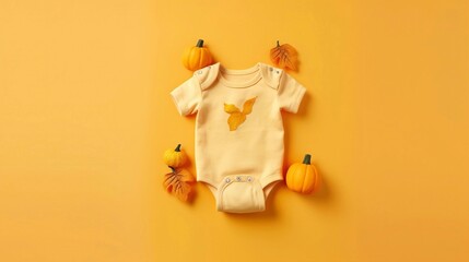 Baby bodysuit, autumn leave, and pumpkin on yellow color background. AI Generative Image