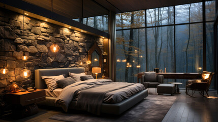 Modern house interior, bedroom, dark wood bed, grey colored bedding, grey stone wall cladding. Generative AI