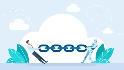 Human and robot competition in business. Businessman tug of war battle vs robot. Character tear chain with artificial intelligence robot. Human vs cyborg competition, robotization. Flat illustration