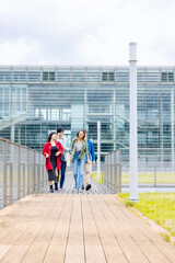 Poster - Multinational student group walking in college campus.