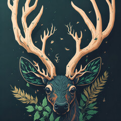 Wall Mural - A fantasy watercolor painting of reindeer head with green leaf spinning against green background.Generative AI