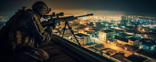 Captivating sniper expertly poised atop city building for a gripping mission. Emotionally charged scene of military precision and urban intensity. Generative AI