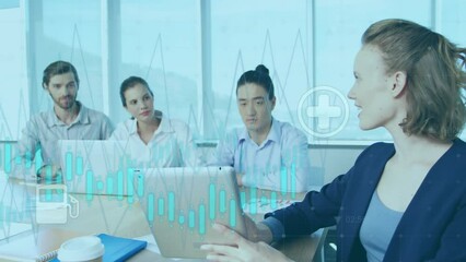 Poster - Animation of data processing against caucasian woman discussing with her colleagues at office