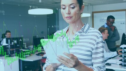 Poster - Animation of data processing against caucasian woman using digital tablet at office