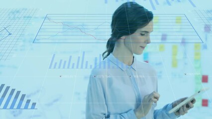 Poster - Animation of data processing against caucasian woman smiling while using digital tablet at office