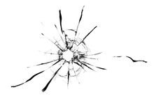 A Single Bullet Whole Through Glass On A White Background. Texture With A Semi-transparent Background In Png Format.