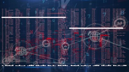 Poster - Animation of network of digital icons and cyber security data processing over caucasian male hacker