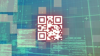 Poster - Animation of neon qr code scanner and data processing against sqaure shapes on blue background