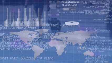 Poster - Animation of computer language over graph, map, african american businessman walking with suitcase