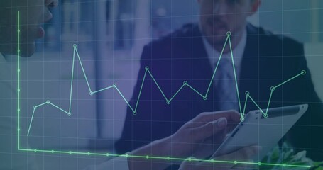 Poster - Animation of dots forming graph over grid pattern against diverse coworkers discussing reports