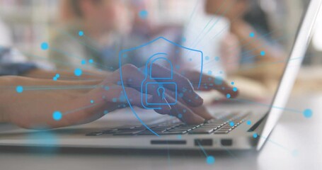Poster - Animation of padlock in shield over cropped hands of caucasian woman working on laptop