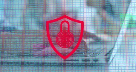Poster - Animation of padlock in shield over numbers against cropped hands of caucasian woman using laptop