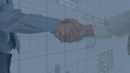 Poster - Animation of multiple graphs and trading board over midsection of entrepreneurs shaking hands