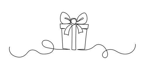 Wall Mural - Gift Box Birthday or Christmas Continuous One Line Vector Outline Art Sketch. Celebration Events Present Bow Ribbon Box Minimal Doodle Abstract Simple Illustration. Holiday Package: Simple and Elegant