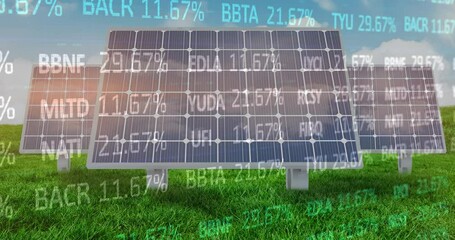 Sticker - Animation of multicolored trading board over solar panels on green field against cloudy sky