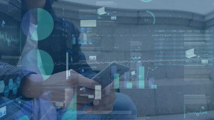 Poster - Animation of graphs, loading circles, trading board, low angle view of biracial man using cellphone