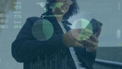 Poster - Animation of infographic interface over low angle view of biracial man walking and using cellphone