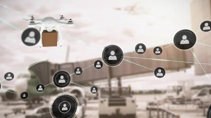Poster - Animation of connected icons over drone carrying cardboard box against parked airplane and truck
