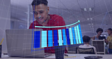 Poster - Animation of statistical data processing against biracial man using laptop at office