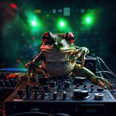 Portrait of a frog at the dj console under stage spot lights, AI generated images