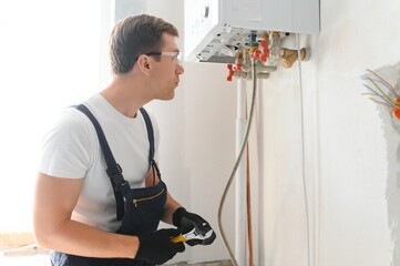 Wall Mural - Gas engineer checking and cleaning a boiler during the inspection at home