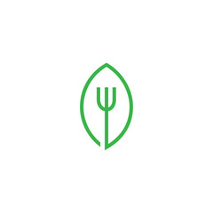 Wall Mural - Fork and leaf simple line style logo. Health food icon template