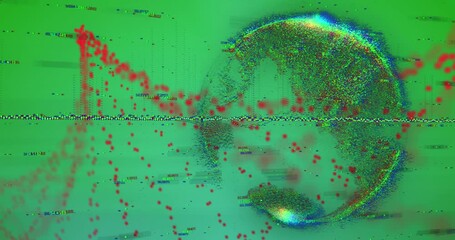 Sticker - Animation of red dots forming dna helix over changing numbers around globe on abstract background