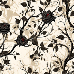 Poster - seamless floral pattern norjan_Intricate_pattern_with_black_roses_and_thorn_vines ai generative