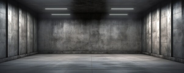 Website slide backdrop empty dark gray industrial concrete scene with floor and back wall and light rays Generative AI