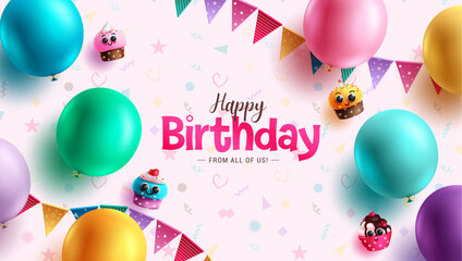 Happy birthday text vector design. Birthday greeting in doodle background with party elements like balloons and cupcakes. Vector illustration for invitation card decoration.