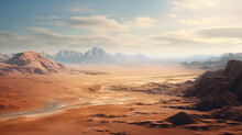 An Aerial View Of Desert And Rocks. Panoramic View And Aerial Photography Of A From Red Sand Dune. Drone View Of A Breathtaking Fantasy Landscape. Generative AI