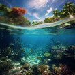 투명한 바닷속 산호초와 열대어